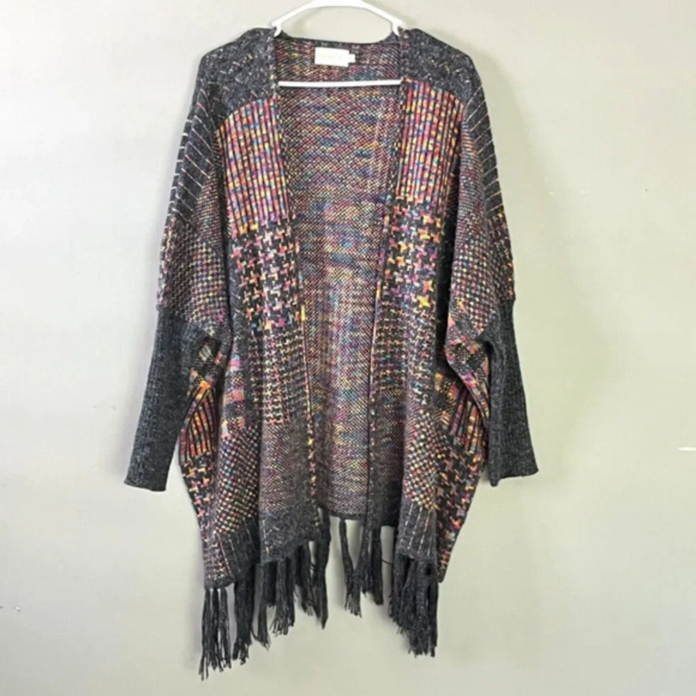 Dreamers Womens Open Front Cardigan Size M Patchwork Fringe Trim Boho Artsy Boho